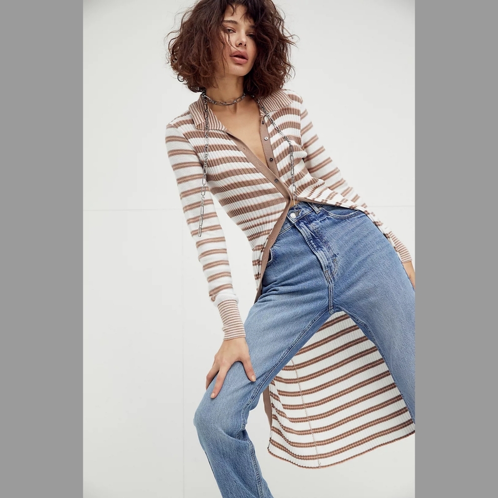 Free People Vista Cardi Collared Button Front Ribbed Duster Cardigan Women's XL